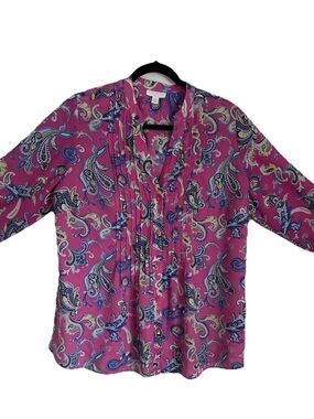 Charter Club Womens Top 0X Paisley Pleated Button Up Classic Career Lightweight